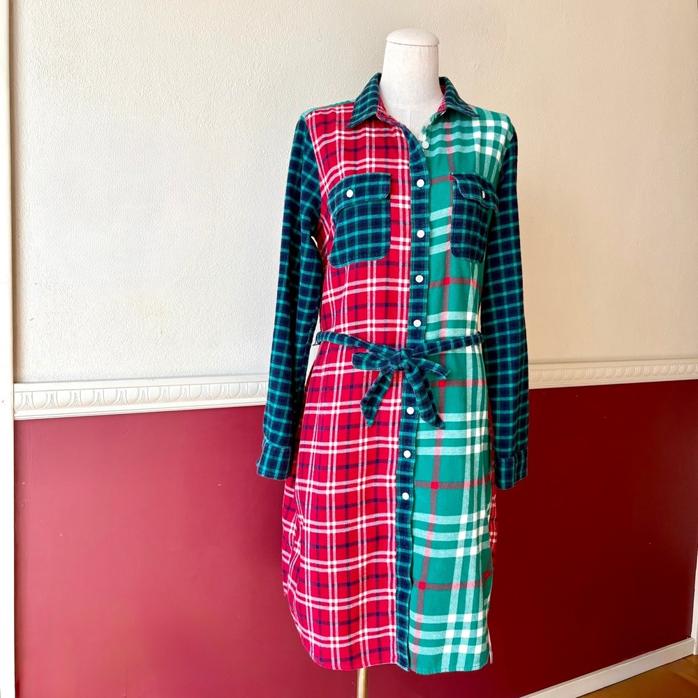 Lands' End Plaid Flannel Shirt Dress Colorblock Patchwork Women's M 10-12 Winter